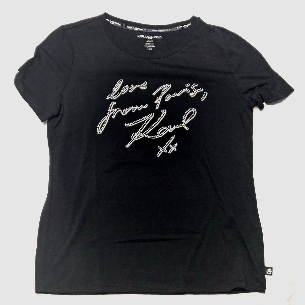 Karl Lagerfeld Paris Graphic T-Shirt Womens Small Black Rhinestone Studded Tee‎